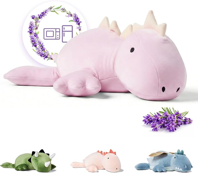 KOWSI® Microwavable Heating Pad Purple Stegosaurus Plush - 1.4 Lb Weighted Stuffed Animal Toy with Tourmaline Beads & Lavender - 16" Squished Long Dinosaur Pillow - Lumbar Back Cushion Lasting Warmth
