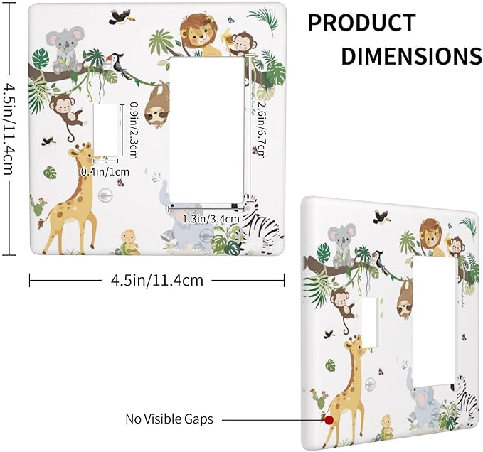 Jungle Animals Tree Branch Monkey Giraffe Lion Elephant Outlet Covers 1 Toggle 1 Rocker Combination Decorative Wall Plate Electrical Switch Plates Light Switch Cover Plate for Kids Room Nursery Decor