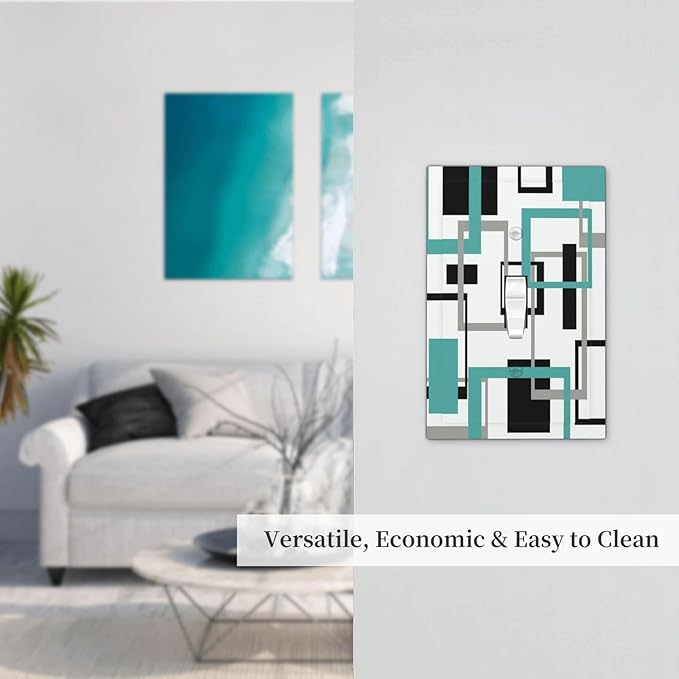 Geometric Turquoise Black Gray Modern Abstract Boho Decorative Light Switch Cover 1 Gang Single Toggle Device Electrical Faceplate Switchplates Decorator Outlet Wall Plate for Office Nursery Decor