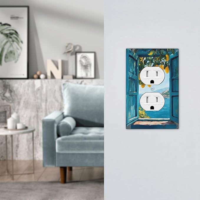 Window View Coastal Lemon Tree Mediterranean Landscape Outlet Covers 1 Gang Duplex Light Switch Cover Decorative Switch Plates Electrical Receptacle Faceplate Wall Plate for Bedroom Living Room Decor