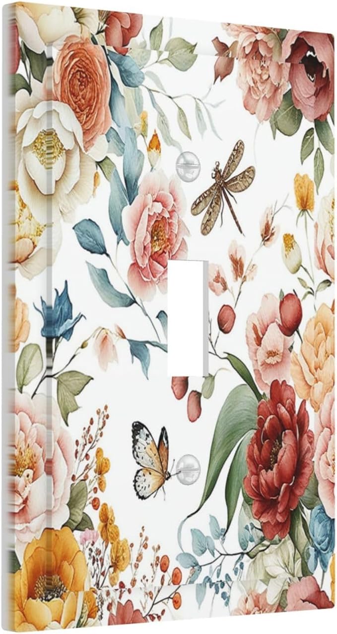 Rustic Style Colorful Peony Butterfly Dragonfly Decorative Light Switch Cover 1 Gang Single Toggle Device Electrical Faceplate Switchplates Decorator Outlet Wall Plate for Bedroom Living Room Decor