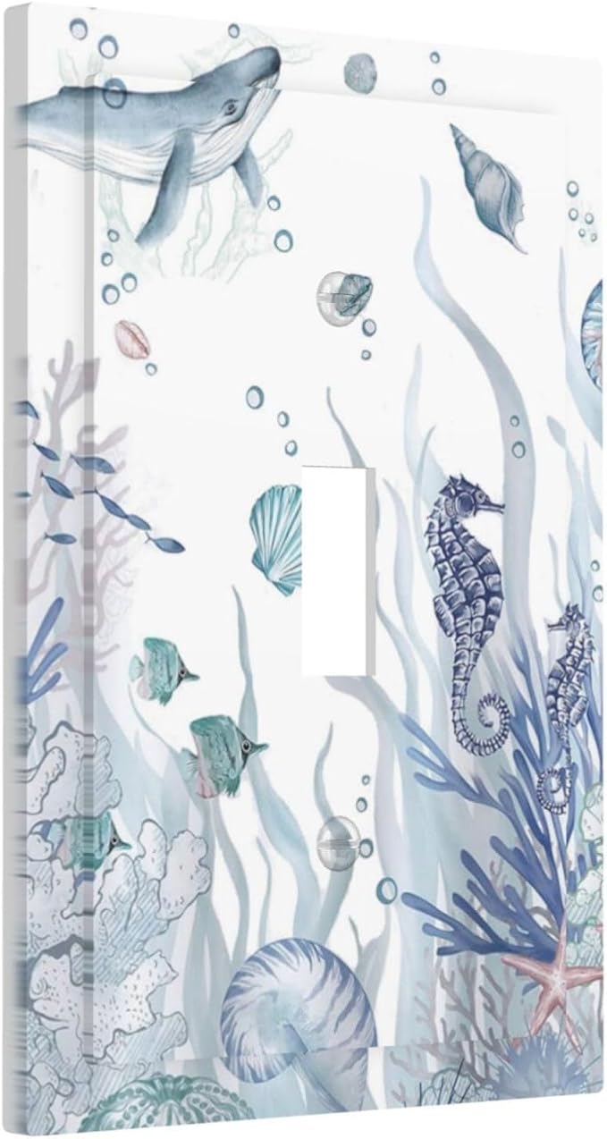 Ocean Themed Coral Seahorse Seashell Starfish Beach Decorative Light Switch Cover 1 Gang Single Toggle Device Electrical Faceplate Switchplates Decorator Outlet Wall Plate for Bathroom Home Decor