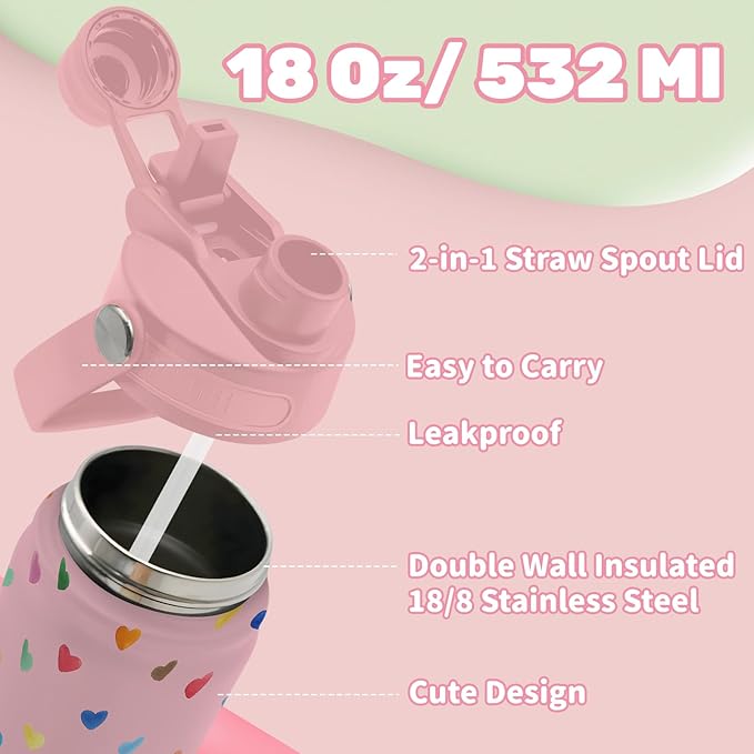 Insulated Water Bottle 18oz, Hearts Gifts Water Bottle with 2-in-1 Straw and Spout Lid, Pink Hearts Cup Leakproof, Hearts Cup Coffee Mug for Lovers, Birthday Gift Ideal for Girls Women
