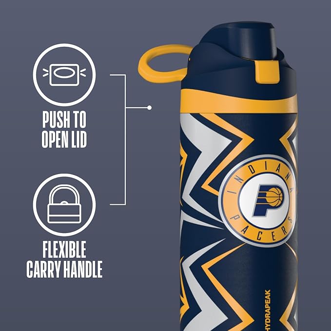 Hydrapeak x NBA Officially Licensed Indiana Pacers Oasis 20 oz Insulated Kids Water Bottle, Stainless Steel Water Bottle Kids with Chug Lid, Push Button