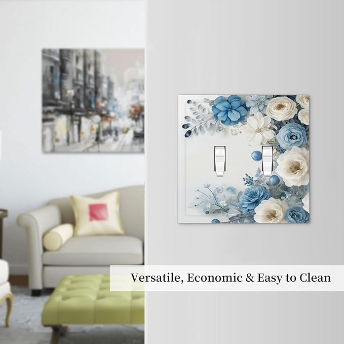 Decorative Light Switch Cover Plate Blue Rose White Flowers Rustic Floral 2 Gang Wall Plate Oversized Double Toggle Two Switch Wall Cover Plate Dual Device Electrical Face Plate