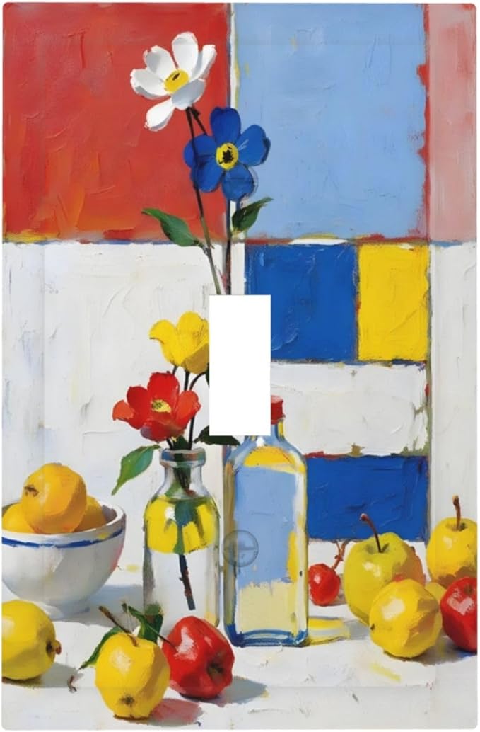 Color Block Floral Still Life Art Red Yellow Blue Abstract Decorative Light Switch Cover 1 Gang Single Toggle Device Electrical Faceplate Switchplates Decorator Outlet Wall Plate for Farmhouse Bedroom
