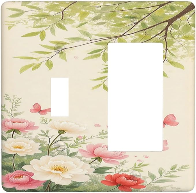 Outlet Covers Garden Flowers Green Leaves And Butterflies 1 Toggle 1 Rocker Combination Decorative Wall Plate Light Switch Cover Plate Electrical Switch Plates for Bedroom Cabin Decor