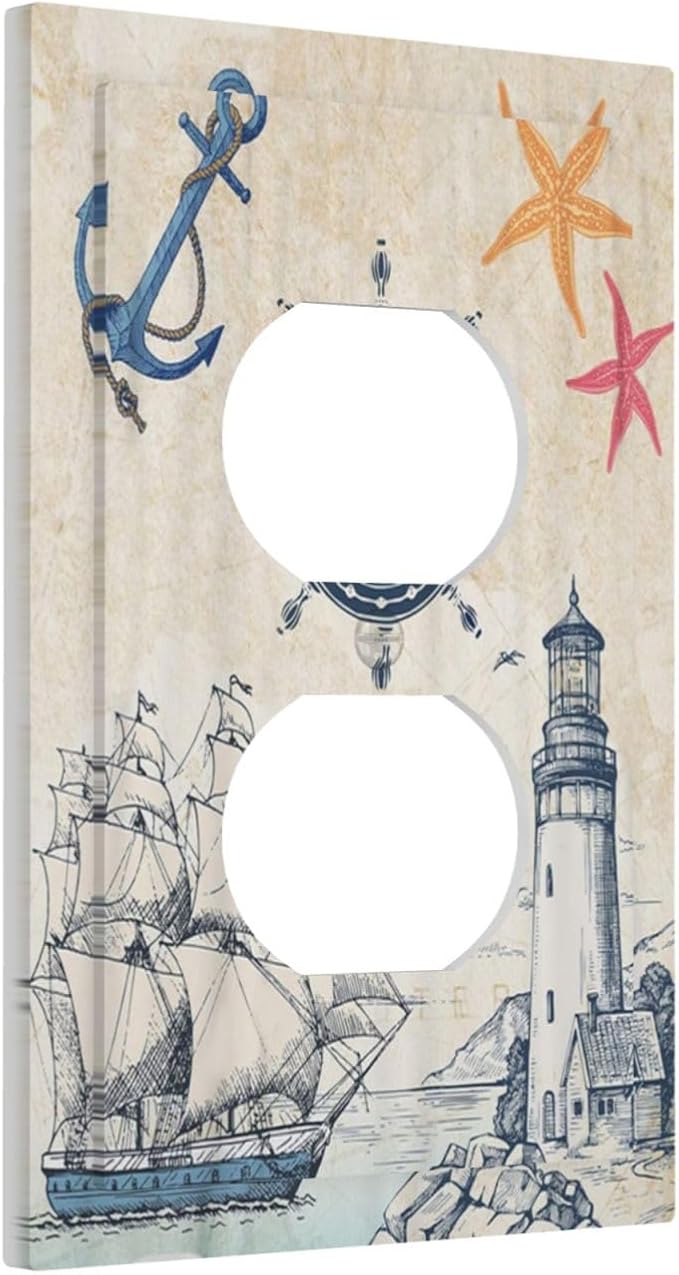 Nautical Sailboat Beach Anchor Pirate Beacon Ocean 1 Gang Outlet Plate Decorative Single Duplex Wall Plate Covers Electrical Receptacle Light Switch Cover Faceplate Switchplate for Farmhouse Decor