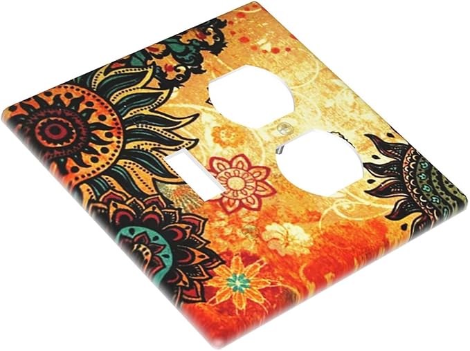 Red Mandala Boho Flower Bohemian Floral Combination 1-Toggle 1-Duplex Receptacle 2 Gang Wall Plate, Burnt Orange Sun Sunflower 2 Gang Combo Single Toggle/Light Switch One Duplex Outlet Faceplate Cover