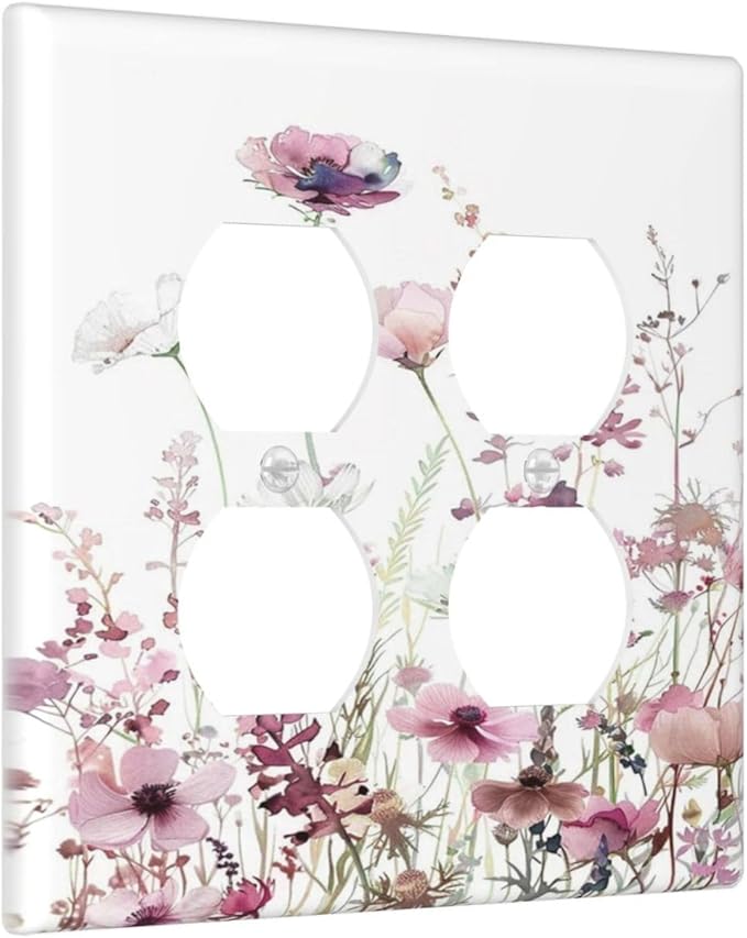 Floral Pink Watercolor Wildflowers Plant Flower Outlet Covers 2 Gang Double Duplex Decorative Light Switch Covers Electrical Wallplates Socket Faceplate for Bedroom Living Room Decor