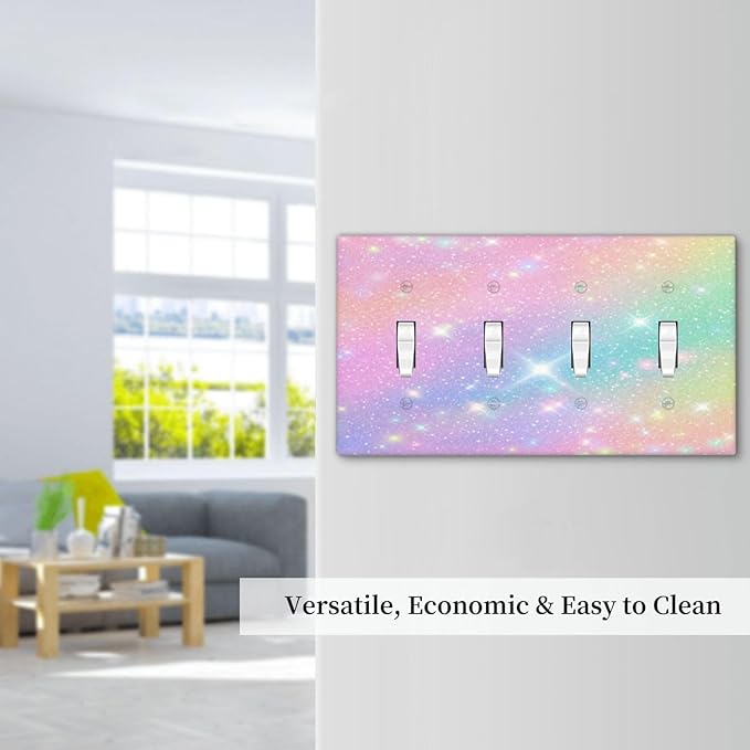 Decorative Light Switch Plate Covers Rainbow Shiny Gradient Colors 4 Gang Wall Plate Switch Cover Plate Quad Toggle Jumbo Electrical Faceplate for Kids Room Nursery Decor