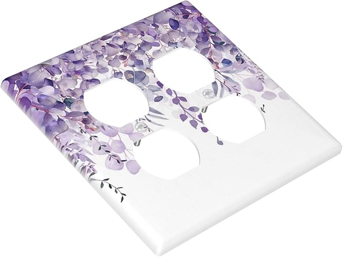 Purple Plants Leaves Eucalyptus Vine Floral Flowers Outlet Covers 2 Gang Double Duplex Decorative Light Switch Covers Electrical Wallplates Socket Faceplate for Bedroom Living Room Decor