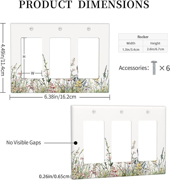 Light Switch Covers Boho Wildflower Green Leaves Rustic Floral Botanical 3 Gang Rocker Electrical GFCI Decorative Triple Outlet Wall Plate Cover Switchplate for Bedroom living Room Decor