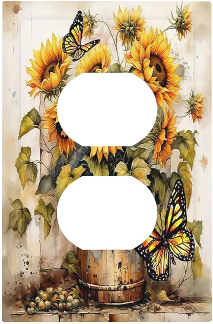 Outlet Covers Rustic Vintage Sunflower Bouquet Butterfly 1 Gang Duplex Electrical Receptacle Faceplate Light Switch Cover Wall Plate Decorative Switch Plates for Farmhouse Cabin Decor