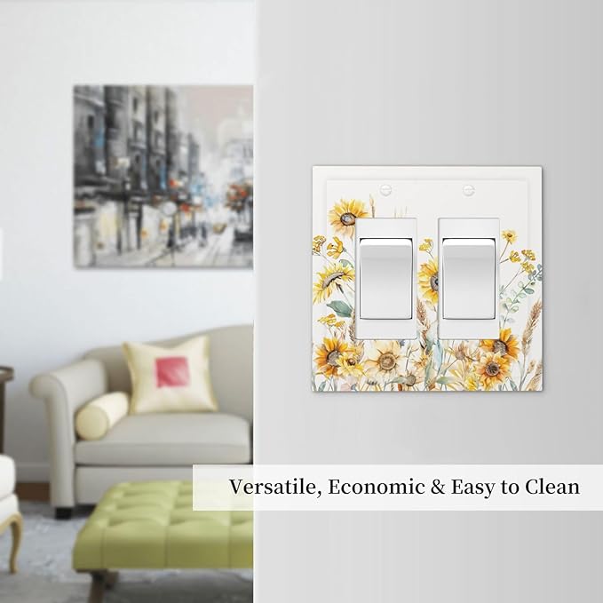 Yellow Floral Sunflowers Wheat Ears Watercolor Wild Flowers Decorative Outlet Covers 2 Gang Double GFCI Rocker Electrical Wall Panels Light Switch Cover Plate for Bedroom Living Room Decor