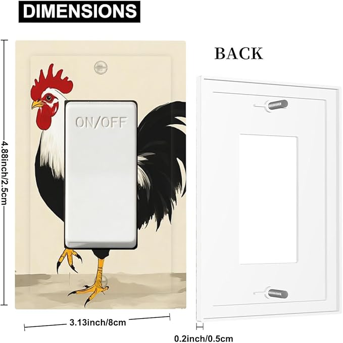 Watercolor Rooster Single Rocker Switch Cover - 1-Gang Standard US Size Farmhouse Rooster Light Switch Covers for Kitchen Living Room Dining Room Decor