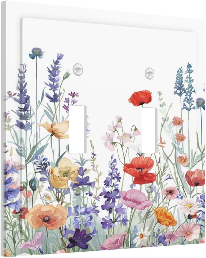Colorful Floral Purple Lavender Flower Leaves Plants Decorative Switch Plates 2 Gang Double Toggle Outlet Light Switch Cover Wall Plate Electrical Faceplate for Bed Room Living Room Decor