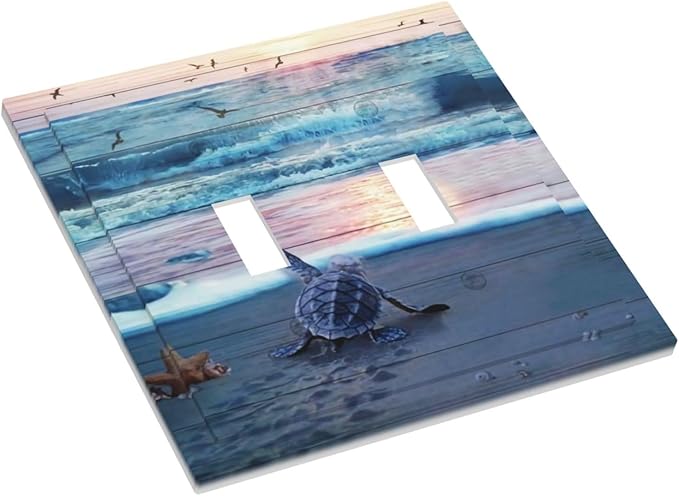 Nautical Sea Beach Navy Blue Turtle Seashells Starfish Ocean Coastal Seascape Marine Decorative 2-Gang Double Toggle Outlet Light Switch Wall Plate Electrical Receptacle Faceplate Cover Jumbo Size