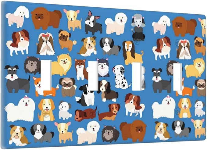Cute Animal Dogs Puppy Decorative Outlet Cover Quad Toggle Light Switch Plate Cover Electricity Receptacles Plates For Home Kitchen Living Bedroom 8 * 4.5