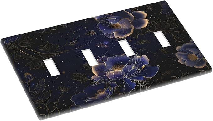 Navy Blue Floral Vintage Flower Dark Watercolor Light Switch Covers Quad Toggle Electrical Faceplate 4 Gang Wall Plate Decorative Switch Plates Cover for Bedroom Living Room Decor