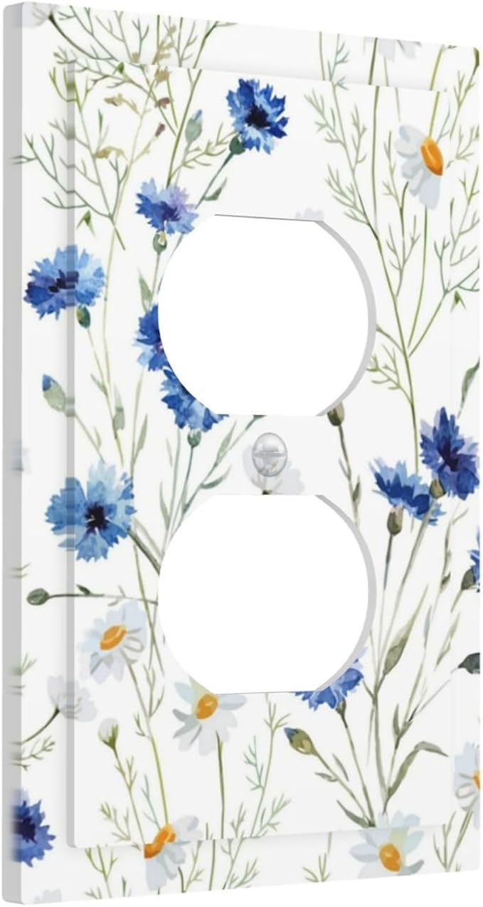 Decorative Outlet Covers Watercolor Daisy Blue Floral Vintage Plant 1 Gang Duplex Light Switch Cover Plate Electrical Switch plates WallPlates Socket Covers for Bedroom Home Decor