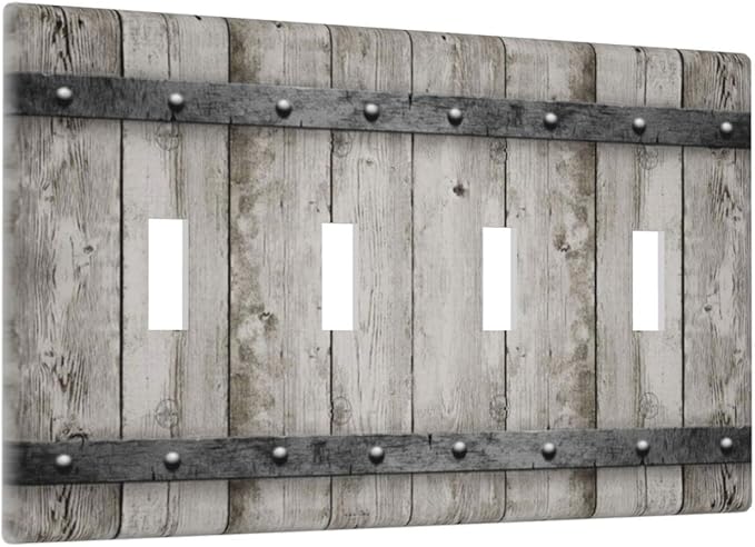 Quad Toggle Light Switch Cover 4 Gang Barn Door Vintage Farmhouse Country Decorative Switch Plates Cover for Bathroom Home Living Room Decor 8 X 4.5 In