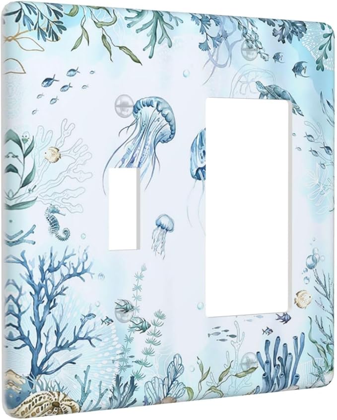 Outlet Covers Jellyfish Teal Blue Ocean Turtle Coastal Beach 1 Toggle 1 Rocker Combination Decorative Wall Plate Light Switch Cover Plate Electrical Switch Plates for Bedroom Bathroom Decor