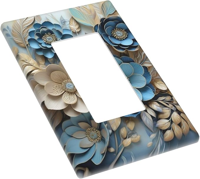 Decorative Art Light Switch Covers Blue and Creamy Floral 1 Gang Rocker Outlet Wall Plate Switchplate Electrical Faceplate for Home Decor