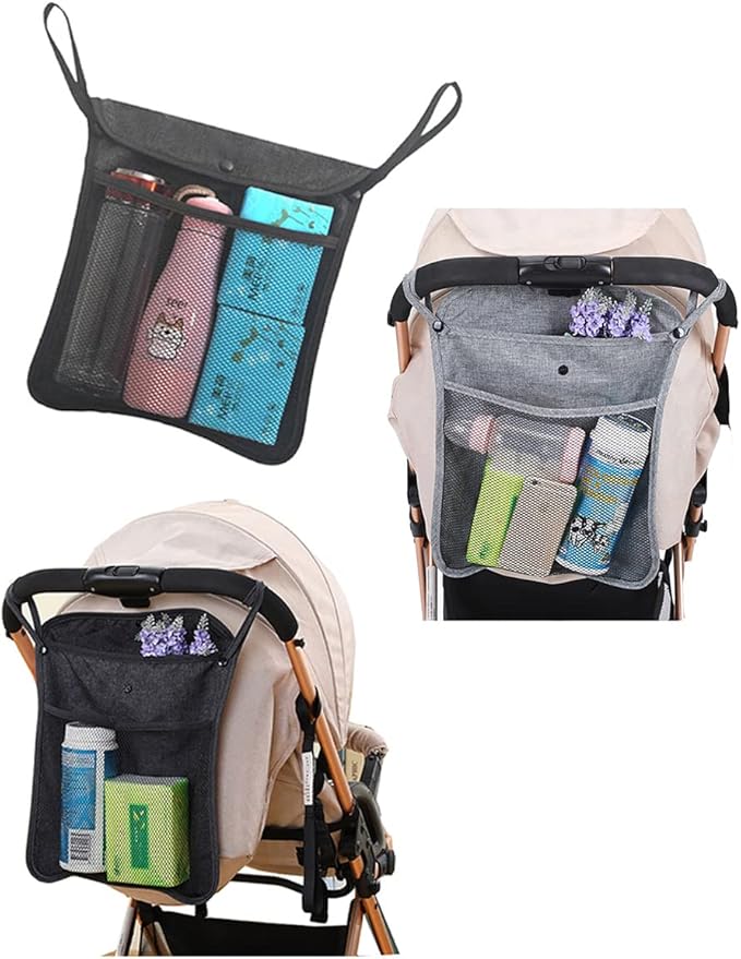 2Pcs Pack Baby Stroller Organizer With Two compartments Front Mesh Pocket for Bottle Nappy Diaper Storage,Fits for Stroller like Uppababy, Baby Jogger, Britax, Bugaboo, BOB (BLACK E)