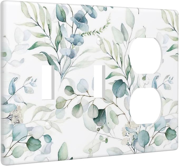 Nature Spring Eucalyptus Green Saga Leaf Plant Botanical 3 Gang Combination 2 Toggle 1 Duplex Receptacle Light Switch Wall Plates and Outlet Cover Triple Device Combo Two Toggle One Receptacle Cover