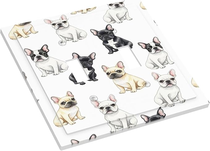 French Bulldog Watercolor Double Toggle Switch Cover - 2-Gang Standard US Size Playful Frenchie Puppy Light Switch Covers, Chic Pattern for Pet Owners Decor