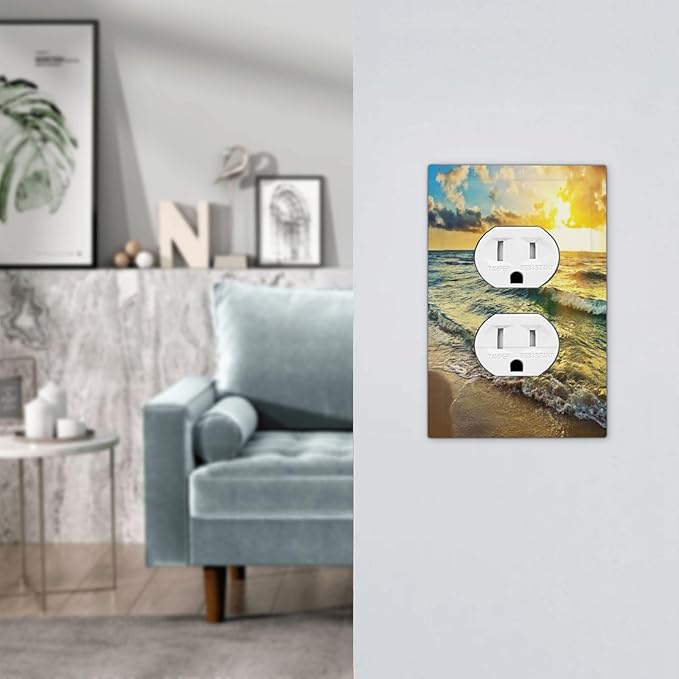 1 Gang Duplex Receptacle Switch Wall Plate Tropical Sea Sun Beach Ocean Waves Coastal Seaside Scene Hawaiian Sunrise Sunset Theme Switchplate Jumbo Size Electrical Outlet Cover Receptacle Plug Cover