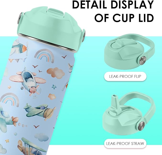 Airplane Gifts - 16oz Kids Blue Airplane Water Bottle with Straw Lid, Stainless Steel Insulated Tumbler, Leakproof, BPA-Free, for Boys, School, Travel - Helicopter Pilot Lovers Birthday Gift Cup (1pc)