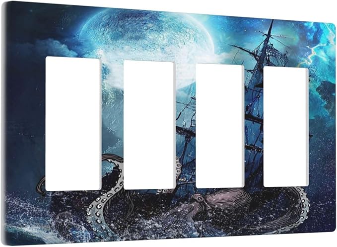 Moon Ocean Nautical Octopus 4 Gang Quad Rocker Light Switch Cover Plate Decorative Electric Faceplate Switchplate Living Room Bedroom Decorate Jumbo Screwless
