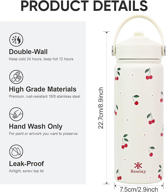 KEWIXY 18 oz Cherry Water Bottle with Straw, Leak Proof, Insulated Stainless Steel with Handle, Reusable, Metal, Backpack-side Fit, for Girls (Cream Cherry)