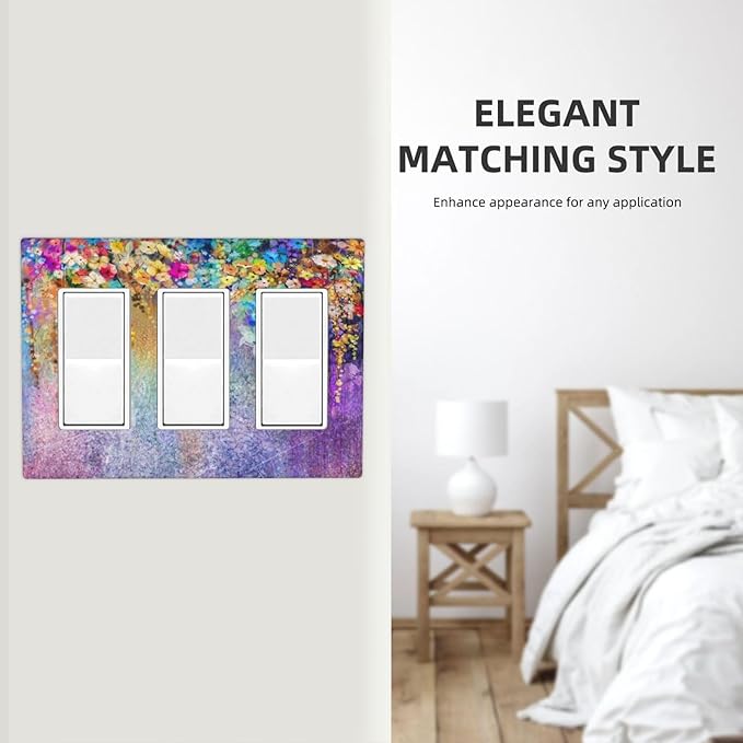 Colorful Floral Watercolor Flower 3 Gang Rocker Light Switch Plate Purple Triple Decora Outlet Wall Plate Cover Faceplate Decorative Switchcovers GFCI for Farmhouse Bathroom Bedroom Decorate