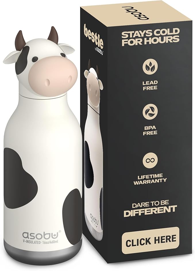 asobu Bestie Bottle Insulated Stainless Steel Water Bottle with Detachable Soft Animal Head Fun Drinking For Kids and Teens with Flexible Reusable Straw 16 Ounce