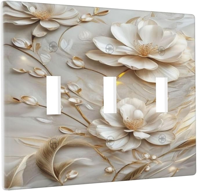 Decorative Art Light Switch Covers Elegant White and Gold Florals 3 Gang Triple Toggle Wall Plate Decorative Switch plate Electrical Faceplate for Home Decor