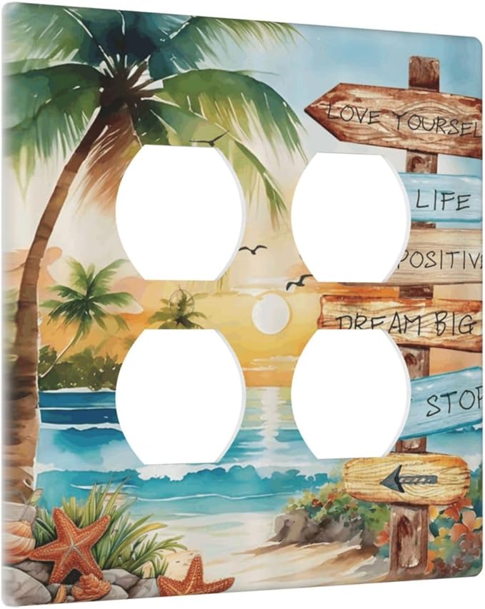 Tropical Beach Palm Tree Summer Coastal Ocean Sunset Outlet Covers 2 Gang Double Duplex Decorative Light Switch Covers Electrical Wallplates Socket Faceplate for Bedroom Living Room Decor