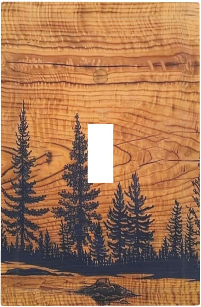 Rustic Country Lodge Style Brown Pine Tree Forest Woodland Woods Wooden Single 1 Gang Light Switch Cover Art Single Toggle Decorative Device Decorator Face Wall Plate Outlet Cover Switchplate(Plastic)