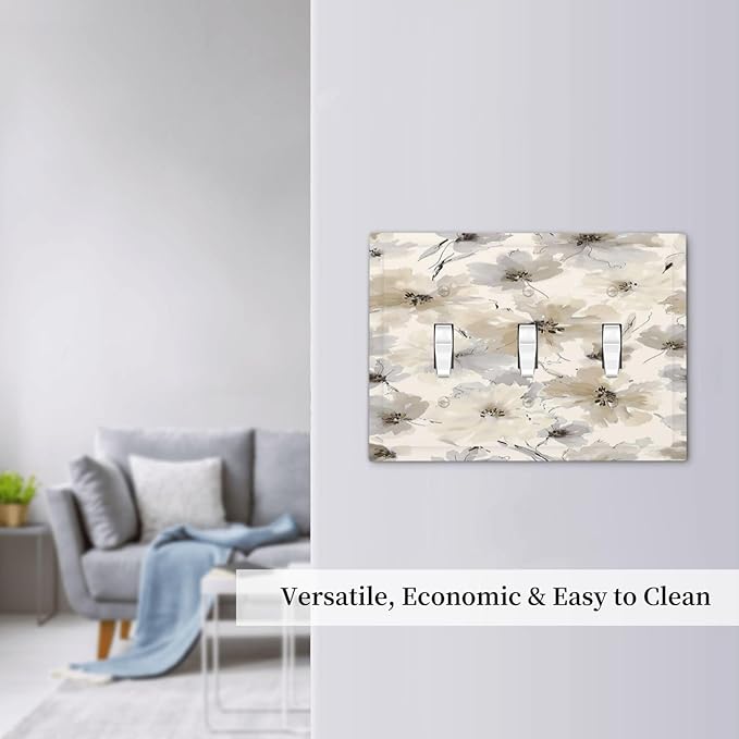 Decorative Light Switch Cover Plate Beige Flower Watercolor Flower 3 Gang Wall Plate Triple Toggle Switch Plate Covers Electrical Outlet Cover for Bedroom Home Decor