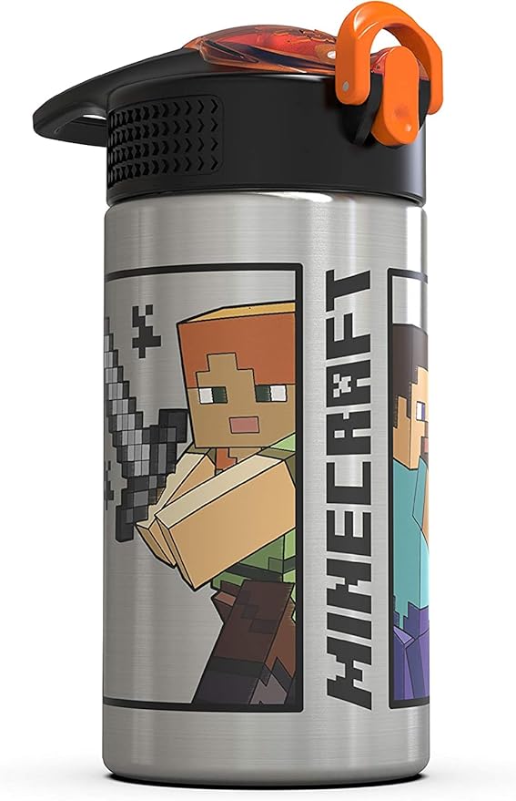 Zak Designs Minecraft - 15.5 oz Singal Wall Stainless Steel Water Bottle with One Hand Operation Action Lid and Built-in Carrying Loop, with Straw Spout is Perfect for Kids (Small)
