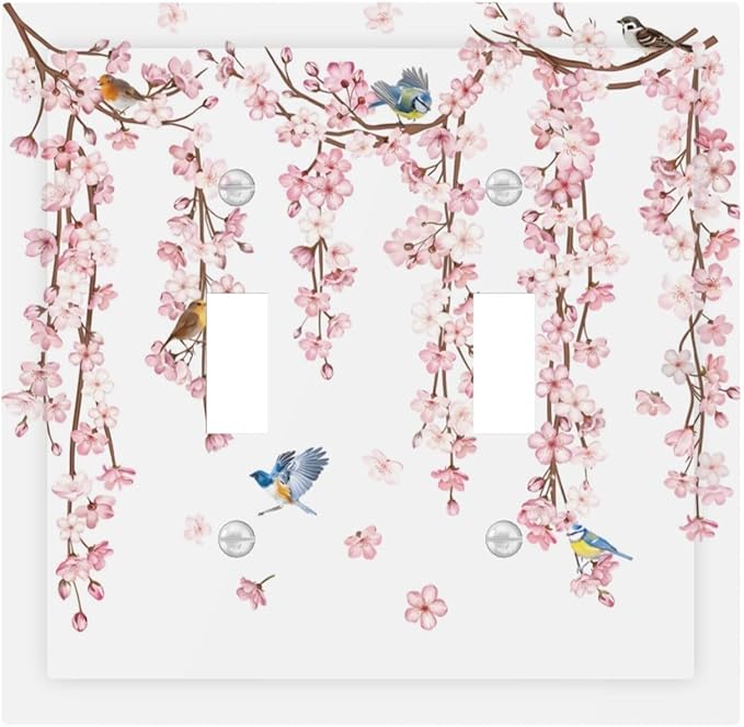 Pink Cherry Blossom Flower Vine Floral Tree Branch Birds Decorative Switch Plates 2 Gang Double Toggle Outlet Light Switch Cover Wall Plate Electrical Faceplate for Bedroom Living Room Decor