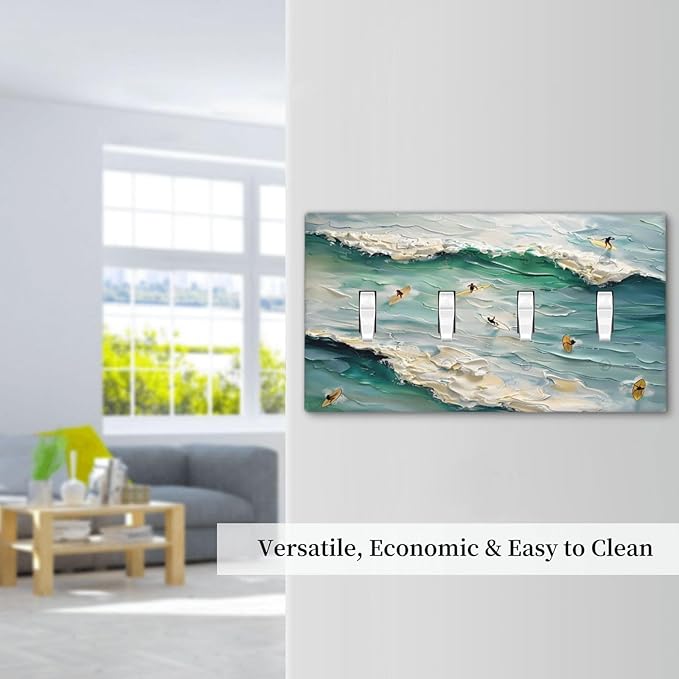 Beach Waves Ocean Surfing Hoverboard Painting Print Light Switch Covers Quad Toggle Electrical Faceplate 4 Gang Wall Plate Decorative Switch Plates Cover for Bedroom Living Room Decor