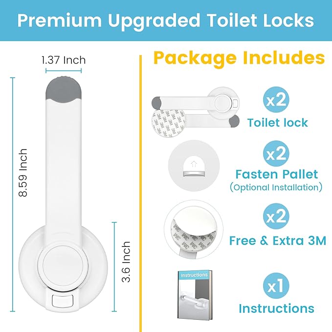4our Kiddies Baby Toilet Lock for Child Safety, Baby Proof Toilet Seat Lock with Extra Pallet Fit for Most Standard Toilet, Easy Intallation Toilet Lid Lock with Extra 3M Adhesive (2 Pack)
