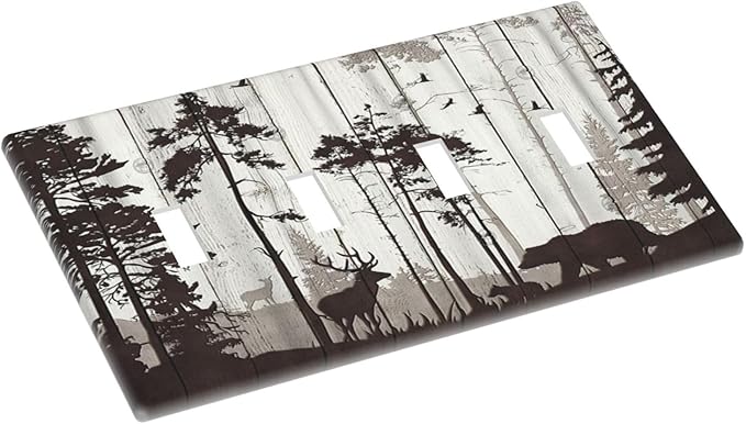 Light Switch Cover Rustic Deer Hunting Forest Woodland 4 Gang Switch Plate Quad Toggle Wall Plates Country Decorative Switchplate Electrical Outlet Cover Plates for Farmhouse Home Decor