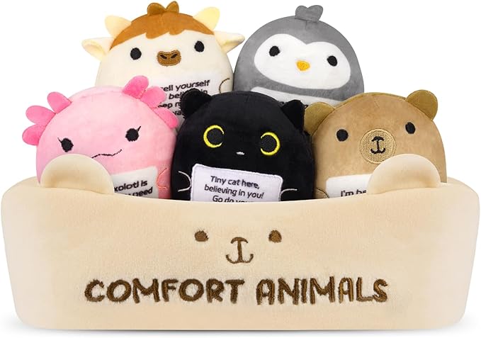 Emotional Support Plush Animal Set,6 Pcs Cute Animals Plush Toys and Fun Stuffed Animals with Positive Words,Soft Emotional Support Plushies with Basket,Positive Gifts for Kids,Men,Women