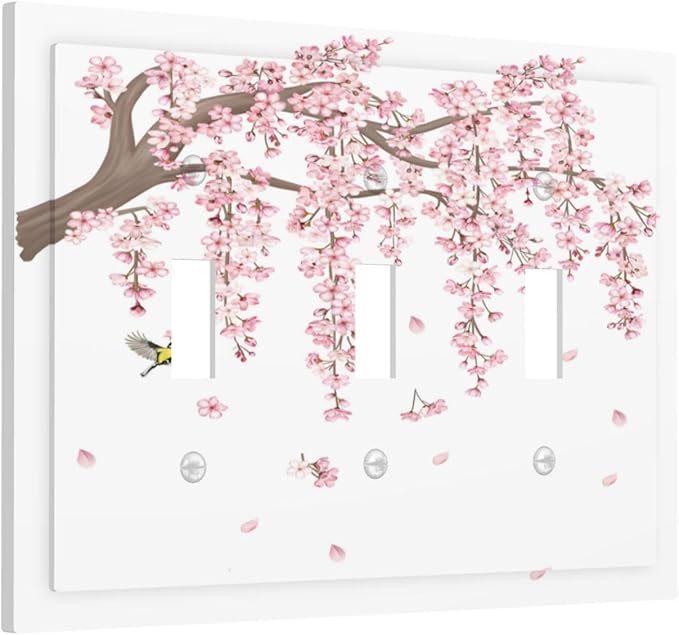 Pink Flower Tree Branch Cherry Blossom Tree Floral Birds Decorative Switch Plates 3 Gang Wall Plate Triple Toggle Light Switch Cover Faceplate Electrical Wall Panels for Bedroom Living Room Decor