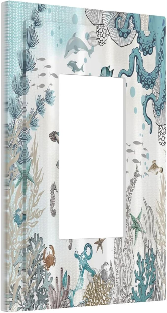 Sea Turtle Octopus Ocean Underwater Animal 1 Gang Rocker Light Switch Covers Decorative Unique Single Decora Outlet Wall Plate Faceplate Switchplate GFCI for Kitchen Bedroom Bathroom Decor
