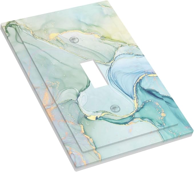 Decorative Light Switch Cover Teal Gold Marbling Turquoise 1 Gang Single Toggle Device Electrical Faceplate Switchplates Decorator Outlet Wall Plate for Bathroom living Room Decor